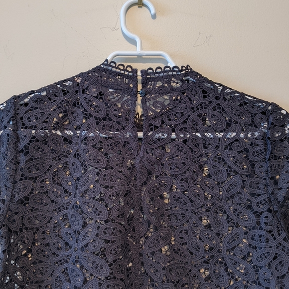 LOFT Grey Lace Top High Neck Short Sleeves - Picture 6 of 9